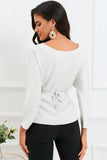 White Lace-up Wrapped Split Hem Solid Long Sleeve Top