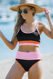 Black Spaghetti Straps Colorblock Ribbed High waisted swimsuits