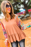 Orange Boho Paisley Mix Print Raglan Sleeve Ruffled Blouse