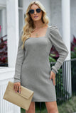 Grey Square Neck Casual Puff Sleeve Mini Sweater Dress