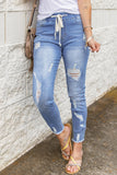 Light Blue Drawstring Elastic Waist Jeans With Hole