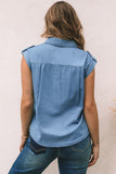 Sky Blue Turn-down Collar Buttoned Denim Top with Pockets