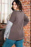 Brown Plus Size Leopard Waffle Ribbed Knit Patchwork Top