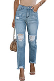 Light Blue Raw Hem Straight Leg Distressed Jeans for Women