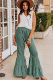 Green Textured High Waist Ruffled Bell Bottom Pants