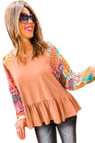 Orange Boho Paisley Mix Print Raglan Sleeve Ruffled Blouse