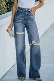 Light Blue Ripped Pockets High Waisted Straight Leg Jeans