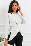 White Lace-up Wrapped Split Hem Solid Long Sleeve Top
