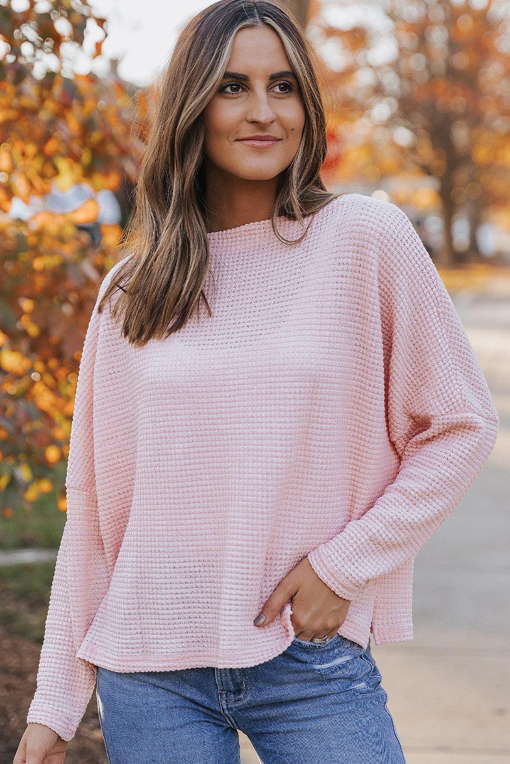 Waffle One Shoulder Long Sleeve Knit Sweater - Kevous