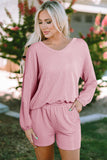 Pink Corded V Neck Slouchy Top Pocketed Shorts Set