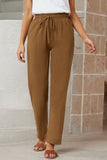 Brown Drawstring Elastic Waist Pockets Long Straight Legs Pants