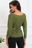 Green Lace-up Wrapped Split Hem Solid Long Sleeve Top