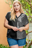 Black Plus Size Sequined Patchwork V Neck Tee