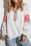 White Embroidered Patchwork V Neck Blouse