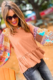 Orange Boho Paisley Mix Print Raglan Sleeve Ruffled Blouse