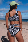 Black Asymmetric Strappy Zebra Print High Waist Bikini