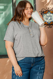 Gray Plus Size Buttoned V Neck Batwing Sleeve Top