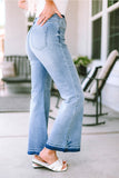 Sky Blue High Waist Buttoned Distressed Flared Jeans