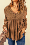 Brown Lace Crochet Buttoned V Neck Babydoll Top