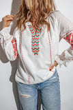 White Embroidered Patchwork V Neck Blouse