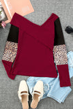 Red Leopard Color Block Ribbed Cross Wrap Top