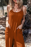 Chestnut Spaghetti Straps Waist Tie Wide Leg Jumpsuit with Pockets