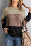 Khaki Color Block Netted Texture Pullover Sweater - Kevous