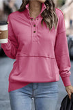 Bright Pink Ribbed Hem Snap Button Neckline Sweatshirt with Pocket