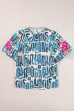 Sky Blue Stripe Plus Size Abstract Print Floral Embroidered Puff Sleeve Blouse