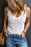 White Pointelle Crochet V Neck Knit Tank Top