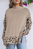 Khaki Leopard Casual Side Slit High Neck Oversized Sweater - Kevous