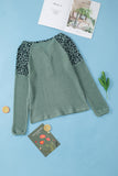 Green Leopard Waffle Knit Buttoned V Neck Blouse