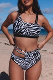 Black Asymmetric Strappy Zebra Print High Waist Bikini
