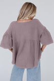 Textured V Neck Bubble Sleeve Flared Top - Kevous