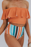 Orange Ruffled Top and Striped High waisted swimsuits