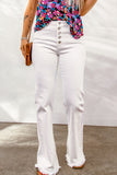 White Button Fly Raw Hem Flare Jeans