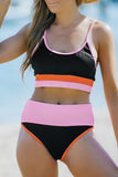 Black Spaghetti Straps Colorblock Ribbed High waisted swimsuits