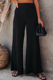 Black Ribbed Knit High Rise Wide Leg Pants