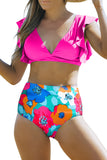 Rose V Neck Ruffles Floral Print High Waist Bikini