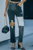 Patchwork Ripped Hole Crop Straight Leg Jeans