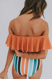 Orange Ruffled Top and Striped High waisted swimsuits