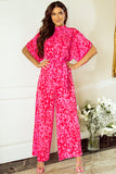 Rose Leopard Loose Sleeve Belted Wide Leg Jumpsuit