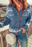 Geometric Knit Quarter Zip Casual Blue Sweater for Women - Kevous