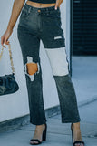 Patchwork Ripped Hole Crop Straight Leg Jeans
