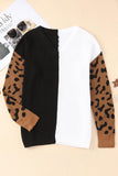 & Black Color Block Cheetah Print Sleeve V Neck Sweater - Kevous
