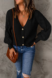 Black Bishop Sleeve Button V Neck Sweater