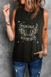 Black Vintage Country Music Wing Glitter Print Tank Top