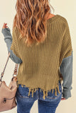 Pastel Red Casual Tassel Hem Pullover V Neck Sweater - Kevous