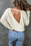 Beige Wrap Casual V Neck Backless Knit Sweater - Kevous