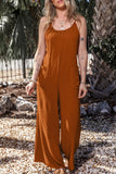 Chestnut Spaghetti Straps Waist Tie Wide Leg Jumpsuit with Pockets